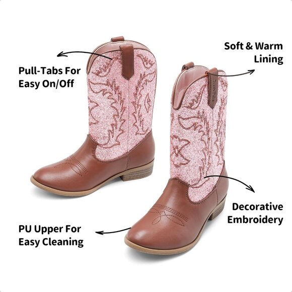 Kids Pink/Brown Cowgirl Boots Girls Cowboy Western Mid Calf Pull-On Riding Boots - Picture 4 of 6